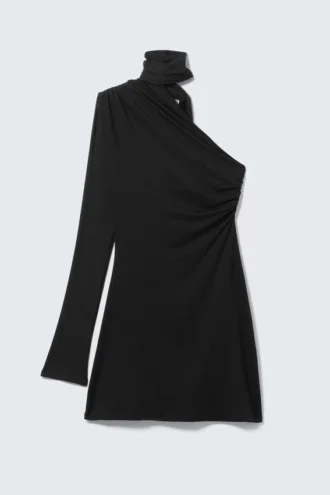 Asymmetric One-Sleeve Mini Dress – Black