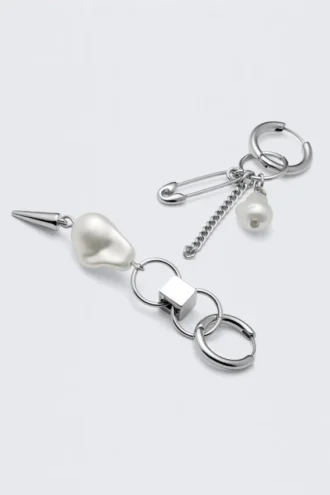 Asymmetric Pearl Hoop Earrings – Silver