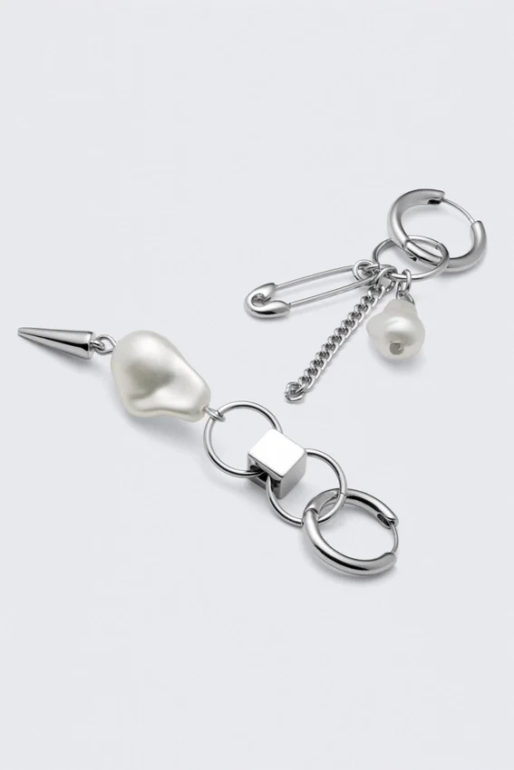 Asymmetric Pearl Hoop Earrings – Silver Asymmetric Pearl Hoop Earrings – Silver