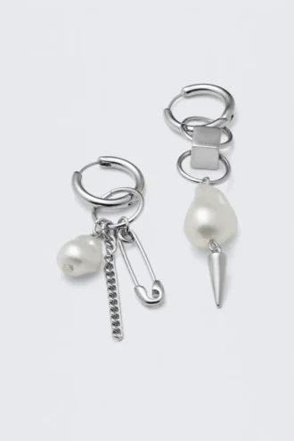 Asymmetric Pearl Hoop Earrings – Silver