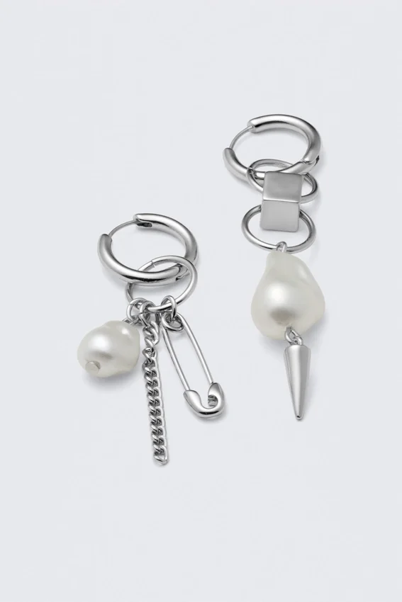 Asymmetric Pearl Hoop Earrings – Silver Asymmetric Pearl Hoop Earrings – Silver