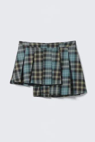 Asymmetric Pleated Wrap Mini Skirt – Dusty Dark Green Check