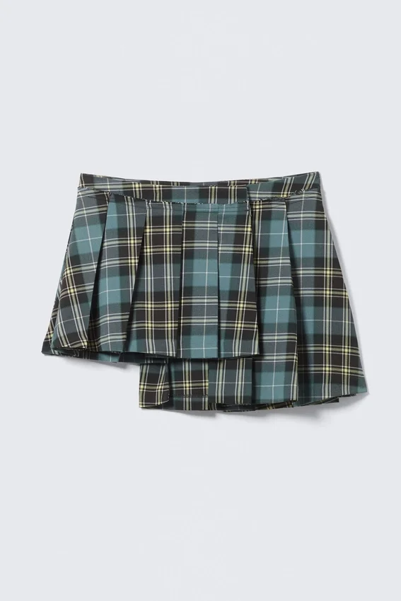 Asymmetric Pleated Wrap Mini Skirt – Dusty Dark Green Check Asymmetric Pleated Wrap Mini Skirt – Dusty Dark Green Check