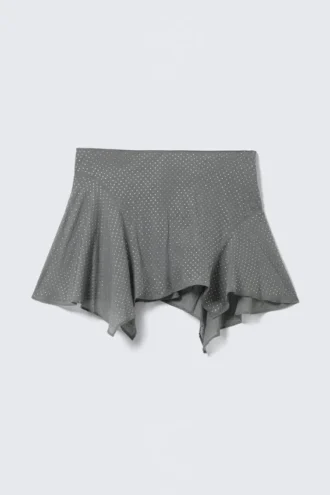 Asymmetric Sequin Mini Skirt – Grey – Rhinestones
