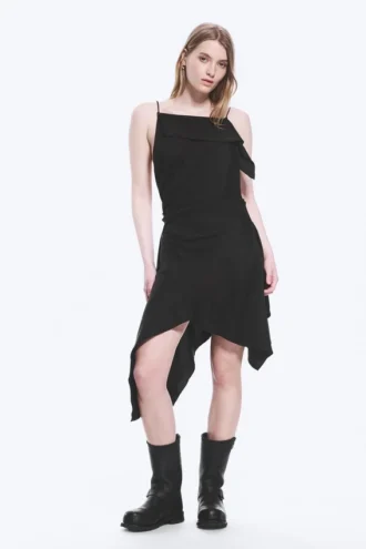 Asymmetric Sleeveless Cowl-Neck Midi Dress – Black