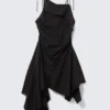 Asymmetric Sleeveless Cowl-Neck Midi Dress – Black