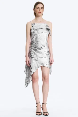 Asymmetric Sleeveless Cowl-Neck Midi Dress – Black/White Print