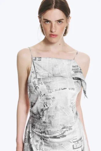 Asymmetric Sleeveless Cowl-Neck Midi Dress – Black/White Print