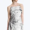 Asymmetric Sleeveless Cowl-Neck Midi Dress – Black/White Print