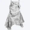 Asymmetric Sleeveless Cowl-Neck Midi Dress – Black/White Print