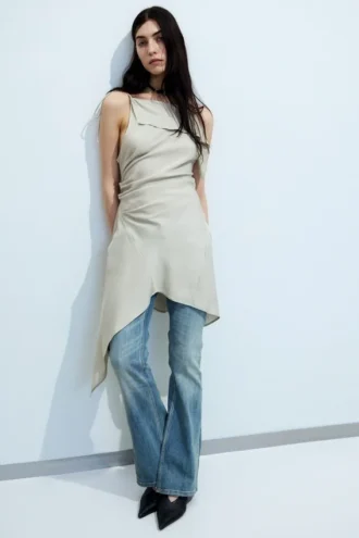Asymmetric Sleeveless Cowl-Neck Midi Dress – Light Mole