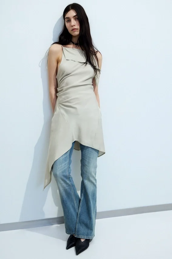 Asymmetric Sleeveless Cowl-Neck Midi Dress – Light Mole Asymmetric Sleeveless Cowl-Neck Midi Dress – Light Mole