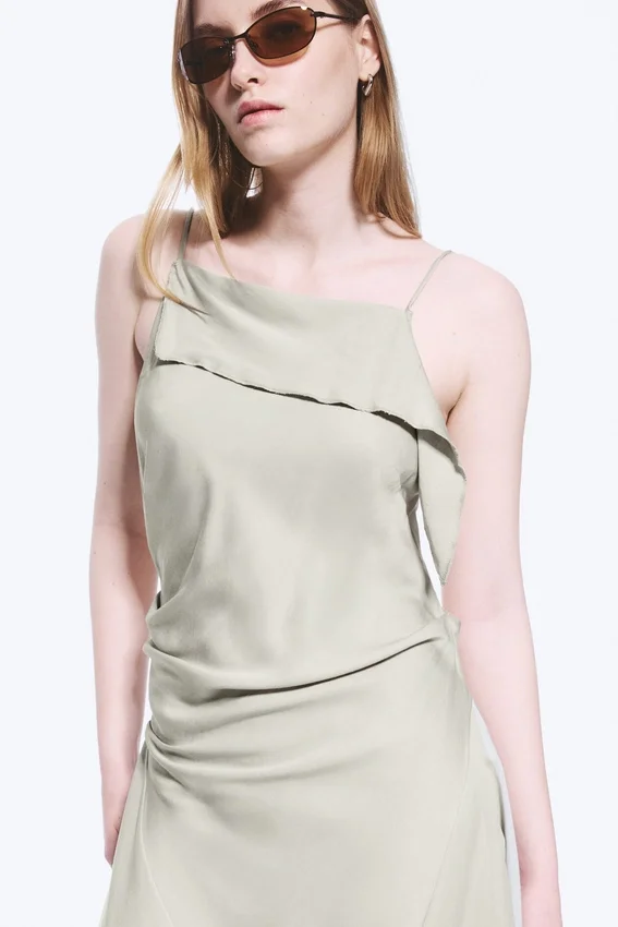 Asymmetric Sleeveless Cowl-Neck Midi Dress – Light Mole Asymmetric Sleeveless Cowl-Neck Midi Dress – Light Mole