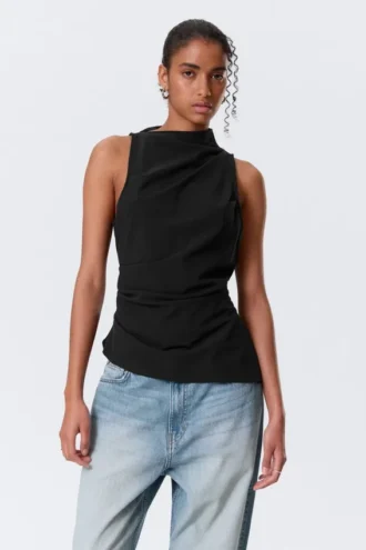Asymmetric Sleeveless Suiting Top – Black