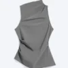 Asymmetric Sleeveless Suiting Top – Dusty Grey Pinstripe Asymmetric Sleeveless Suiting Top – Dusty Grey Pinstripe