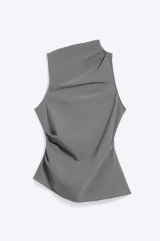 Asymmetric Sleeveless Suiting Top – Dusty Grey Pinstripe