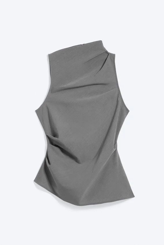 Asymmetric Sleeveless Suiting Top – Dusty Grey Pinstripe Asymmetric Sleeveless Suiting Top – Dusty Grey Pinstripe