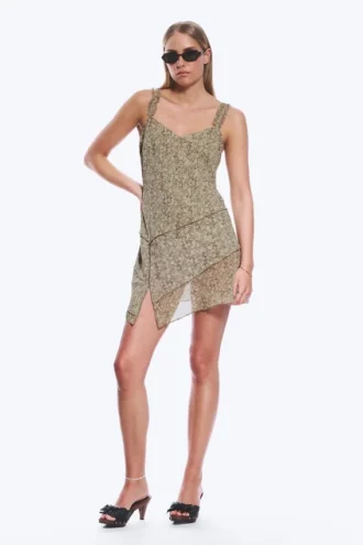 Asymmetric Slip Dress – Dusty Khaki Green – Flower