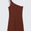 Asymmetric Strap Tie Mini Dress – Burgundy Asymmetric Strap Tie Mini Dress – Burgundy