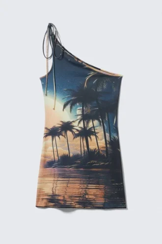 Asymmetric Strap Tie Mini Dress – Palm Beach