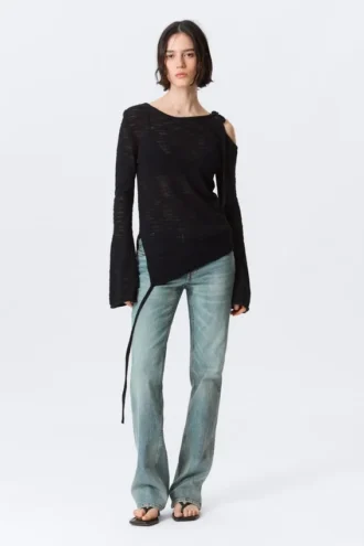 Asymmetric Tie-Shoulder Knitted Sweater – Black