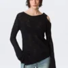 Asymmetric Tie-Shoulder Knitted Sweater – Black Asymmetric Tie-Shoulder Knitted Sweater – Black