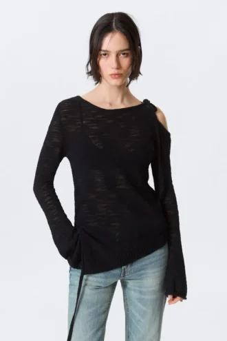 Asymmetric Tie-Shoulder Knitted Sweater – Black