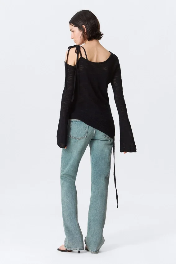 Asymmetric Tie-Shoulder Knitted Sweater – Black Asymmetric Tie-Shoulder Knitted Sweater – Black