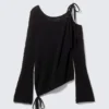 Asymmetric Tie-Shoulder Knitted Sweater – Black Asymmetric Tie-Shoulder Knitted Sweater – Black