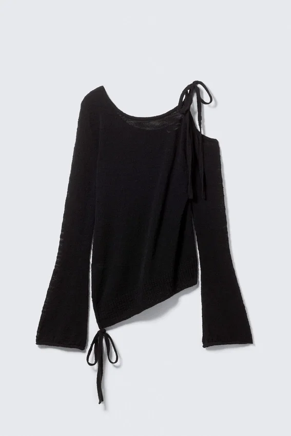 Asymmetric Tie-Shoulder Knitted Sweater – Black Asymmetric Tie-Shoulder Knitted Sweater – Black