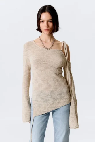 Asymmetric Tie-Shoulder Knitted Sweater – Light Mole