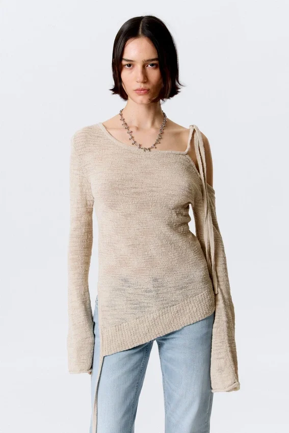 Asymmetric Tie-Shoulder Knitted Sweater – Light Mole Asymmetric Tie-Shoulder Knitted Sweater – Light Mole