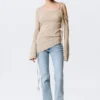 Asymmetric Tie-Shoulder Knitted Sweater – Light Mole Asymmetric Tie-Shoulder Knitted Sweater – Light Mole