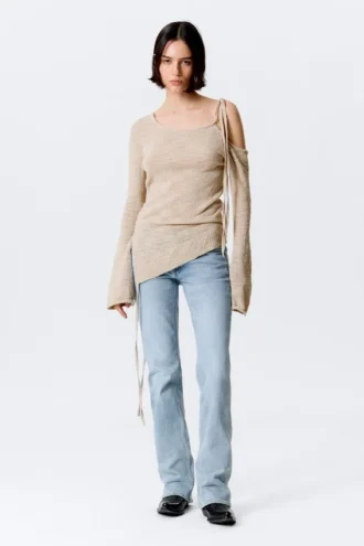 Asymmetric Tie-Shoulder Knitted Sweater – Light Mole