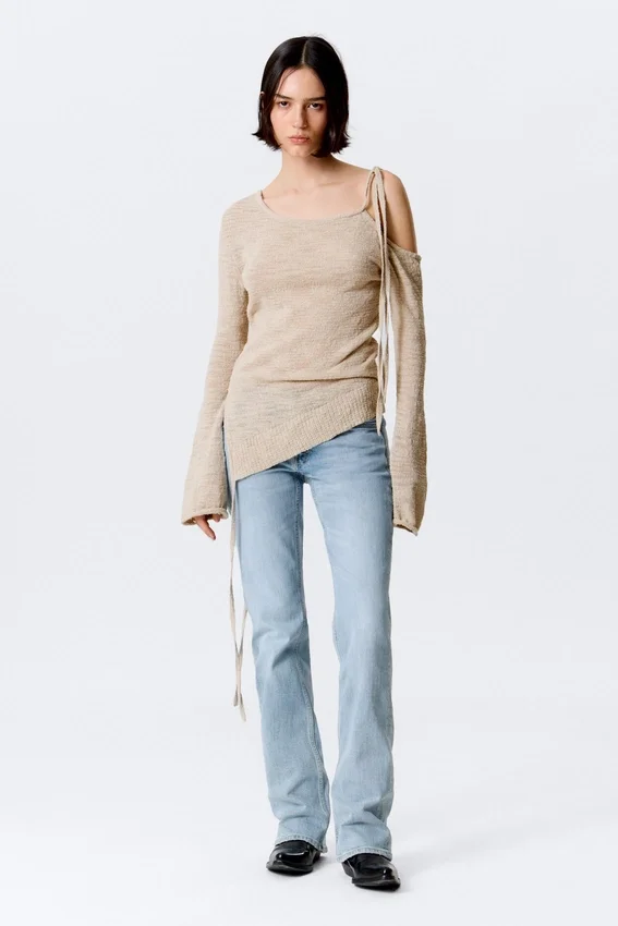 Asymmetric Tie-Shoulder Knitted Sweater – Light Mole Asymmetric Tie-Shoulder Knitted Sweater – Light Mole