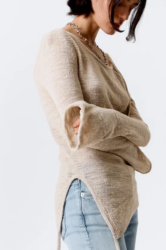 Asymmetric Tie-Shoulder Knitted Sweater – Light Mole Asymmetric Tie-Shoulder Knitted Sweater – Light Mole