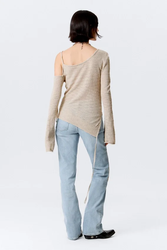 Asymmetric Tie-Shoulder Knitted Sweater – Light Mole Asymmetric Tie-Shoulder Knitted Sweater – Light Mole