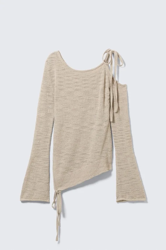 Asymmetric Tie-Shoulder Knitted Sweater – Light Mole Asymmetric Tie-Shoulder Knitted Sweater – Light Mole