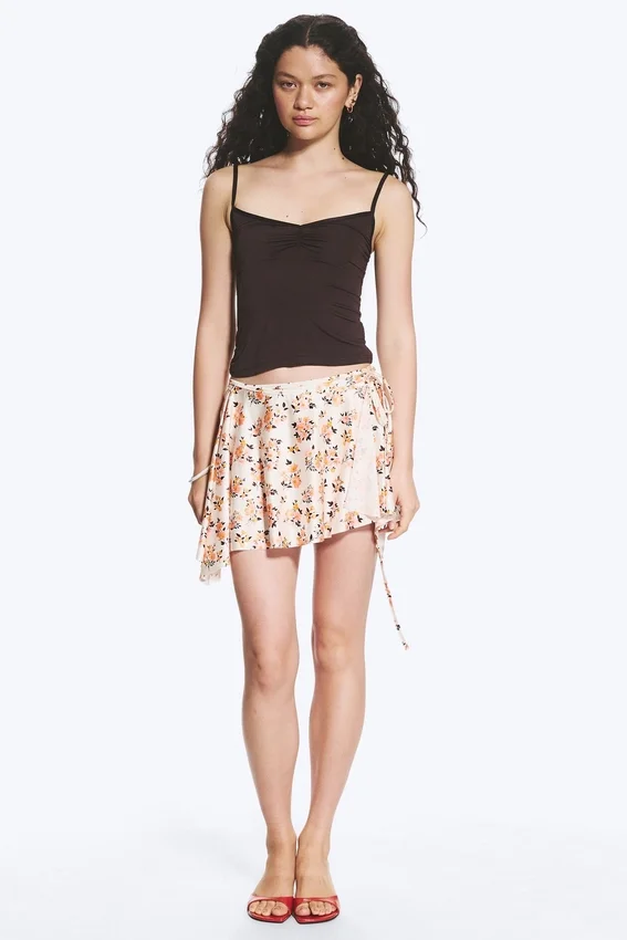 Asymmetric Wrap Mini Skirt – White/Pink Flower Asymmetric Wrap Mini Skirt – White/Pink Flower