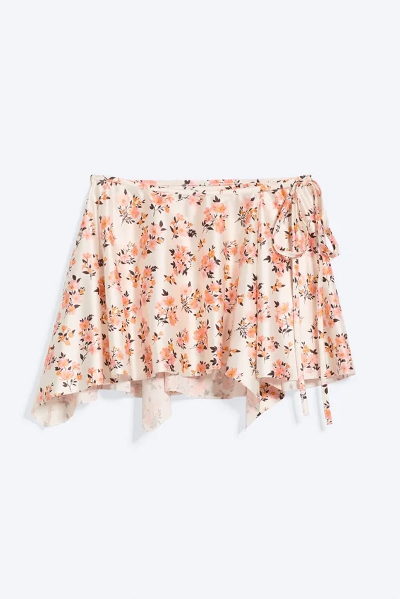 Asymmetric Wrap Mini Skirt – White/Pink Flower Asymmetric Wrap Mini Skirt – White/Pink Flower