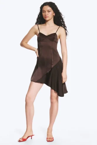 Asymmetrical Satin Dress – Dark Brown