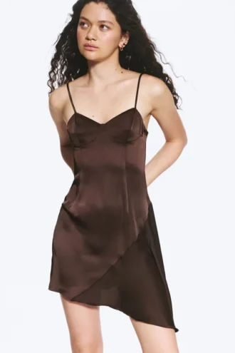 Asymmetrical Satin Dress – Dark Brown
