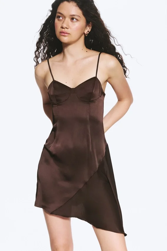 Asymmetrical Satin Dress – Dark Brown Asymmetrical Satin Dress – Dark Brown
