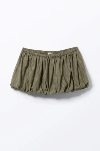 Balloon Mini Cotton Skirt – Checked Khaki Green