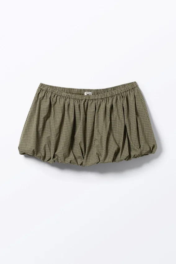 Balloon Mini Cotton Skirt – Checked Khaki Green Balloon Mini Cotton Skirt – Checked Khaki Green