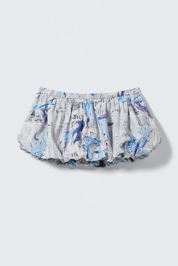 Balloon Mini Cotton Skirt – White Newspaper/Blue Flame Balloon Mini Cotton Skirt – White Newspaper/Blue Flame