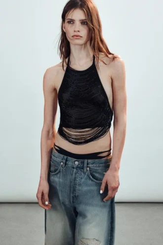 Beaded Mesh Halterneck Top – Black