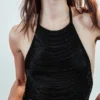 Beaded Mesh Halterneck Top – Black