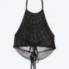 Beaded Mesh Halterneck Top – Black