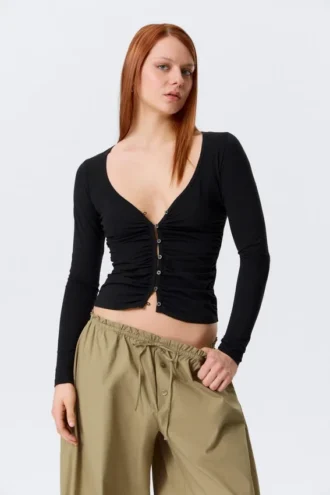 Belle B Ruched V-Neck Cardigan – Black